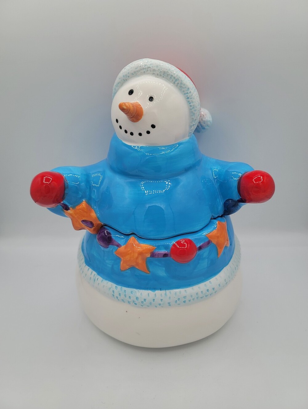 Blue Snowman Cookie Jar Ceramic Christmas Canister Homespun Holiday Winter Decor